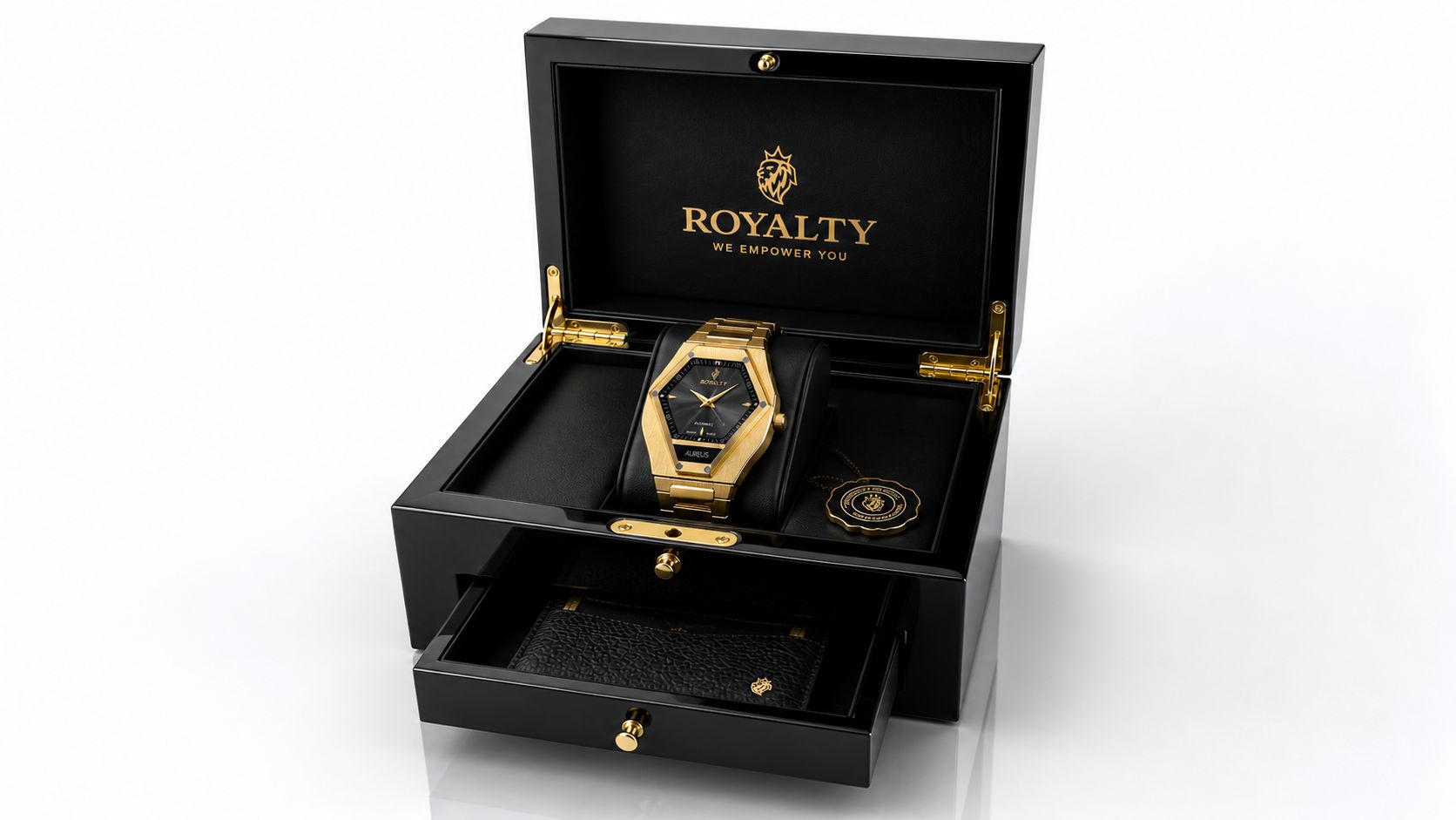 ROYALTY coffret in piano-polished wood with the Aureus inside