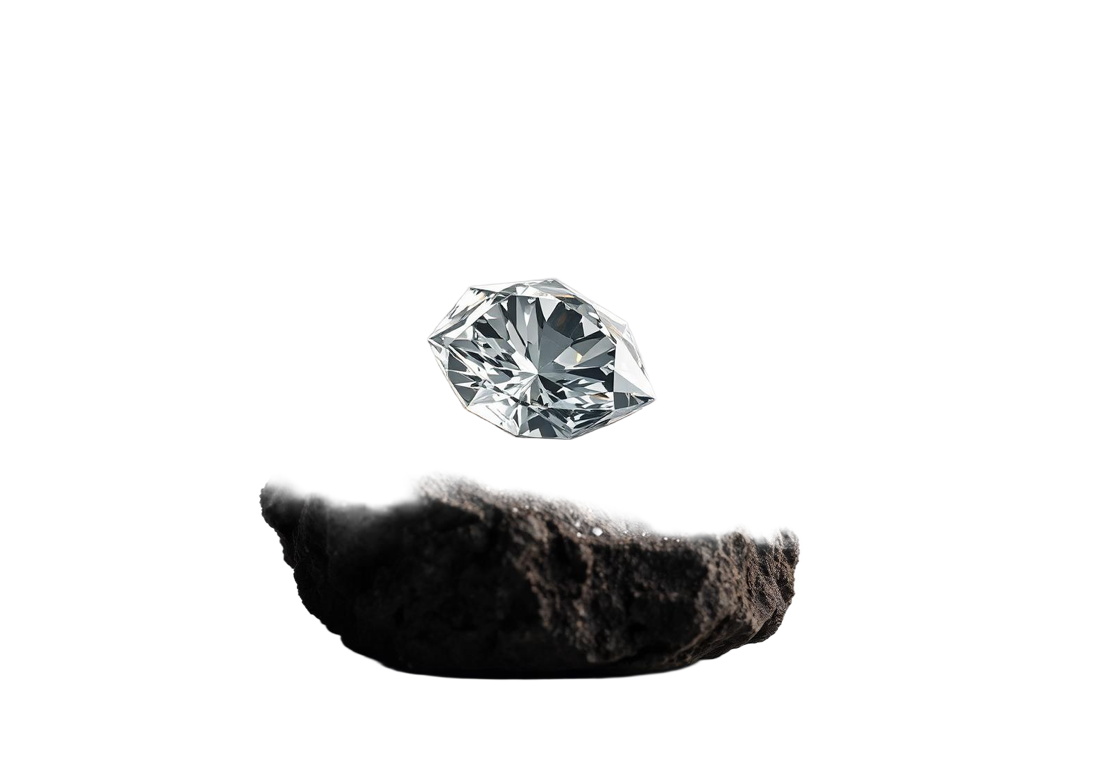 A raw diamond emerging from carbon — pressure becoming brilliance