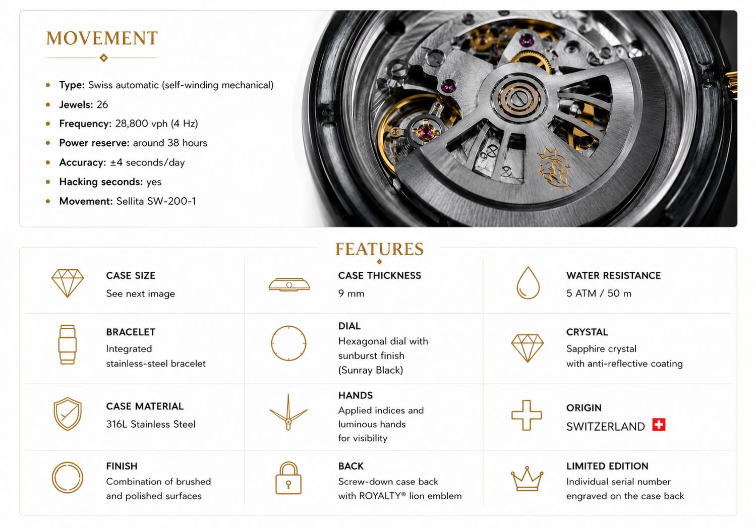 ROYALTY© Sellita SW-200-1 movement and features