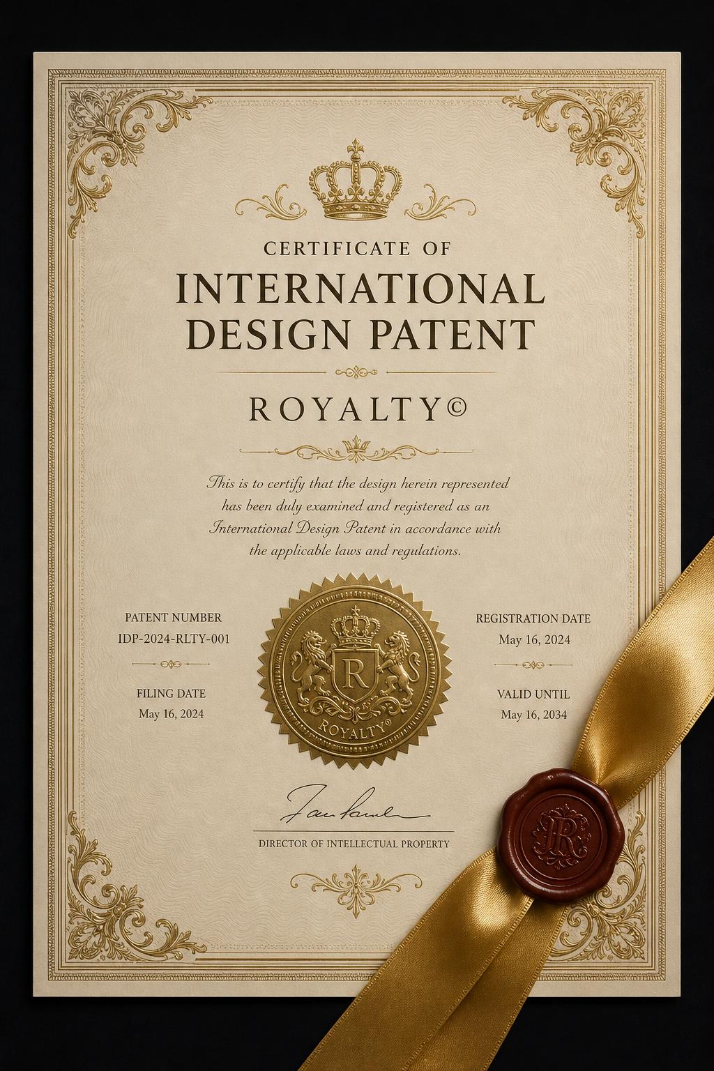ROYALTY© Certificate of International Design Patent with golden ribbon and wax seal