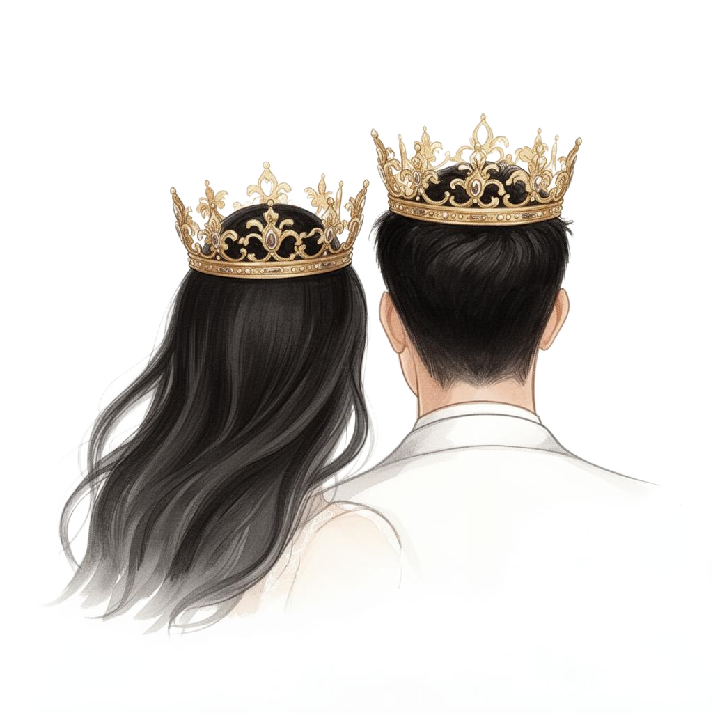 A king and queen seen from behind, crowned — worn close, felt deeply