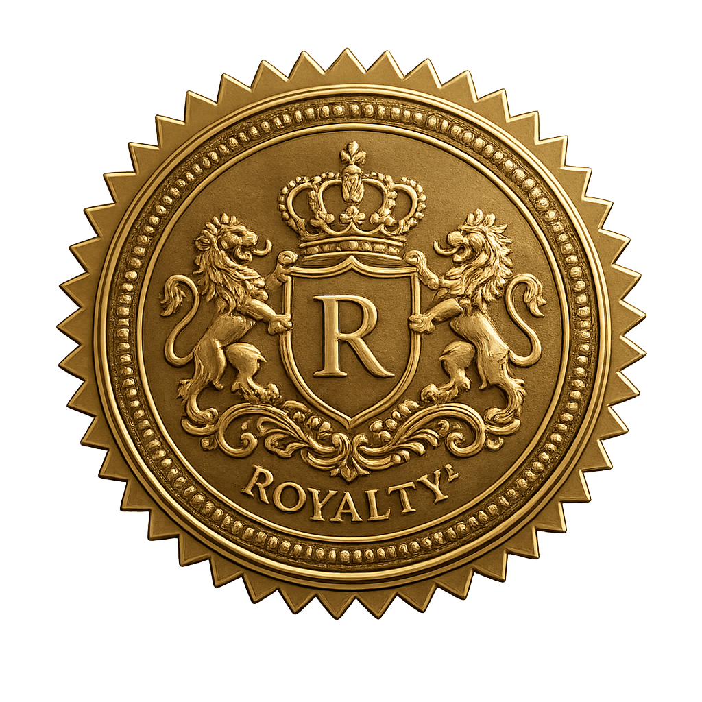 ROYALTY© golden seal with crown, lions and shield
