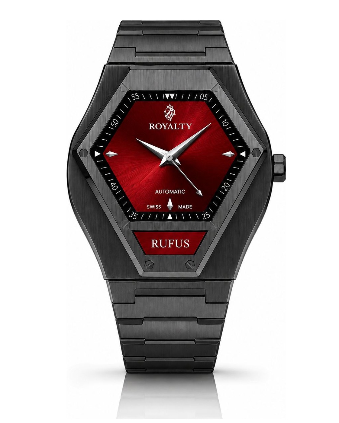 ROYALTY Rufus — Black PVD • Crimson Sunburst Dial