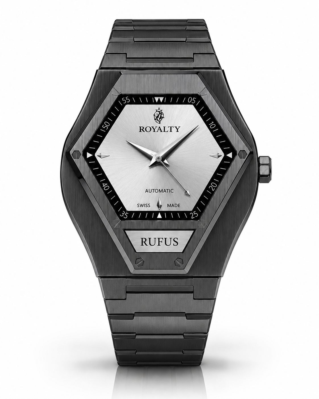 ROYALTY Rufus — Black PVD • Silver Sunburst Dial